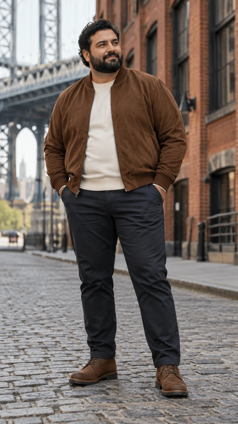 A Suede Bomber Jacket That Gives a Bigger Frame Clean Shape