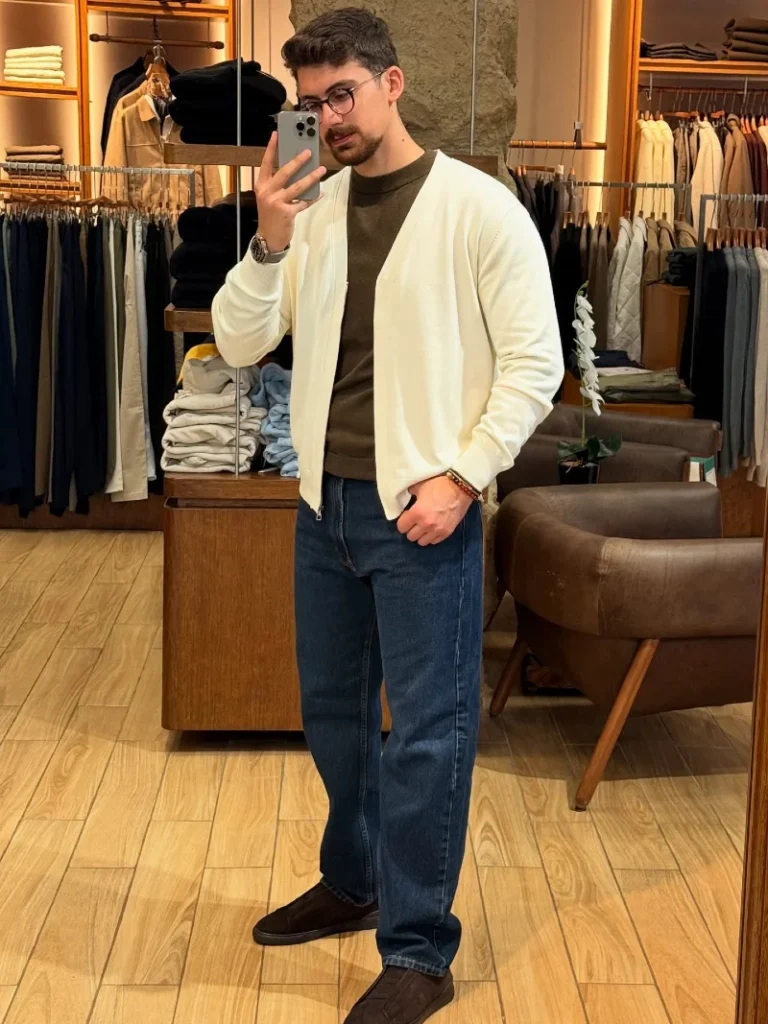 A sharp cardigan and nice jeans look