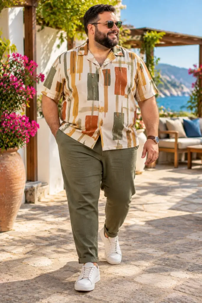 Abstract Brushstroke Shirt with Rolled Olive Trousers
