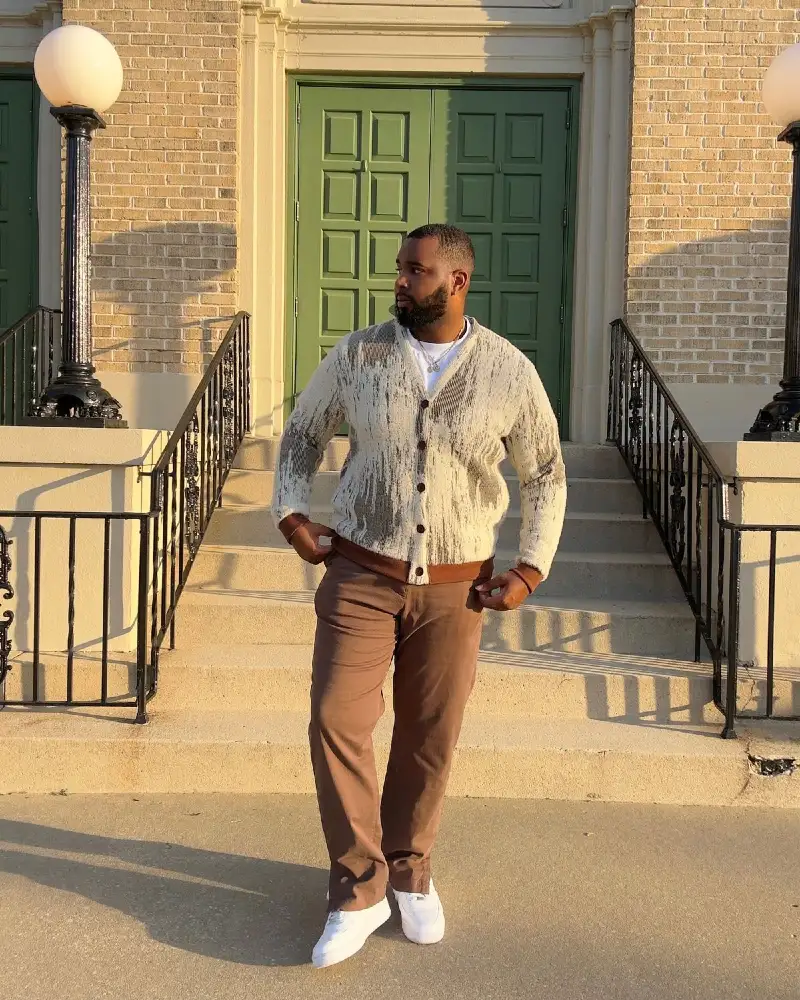 Abstract Cardigan and Brown Trousers