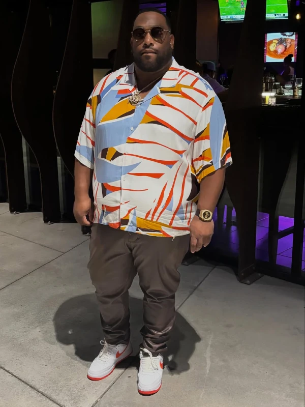 Abstract Print Camp Shirt and Brown Trousers