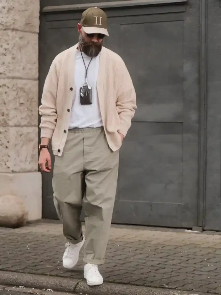 Baseball Cap, Cardigan, T-Shirt, and Trousers
