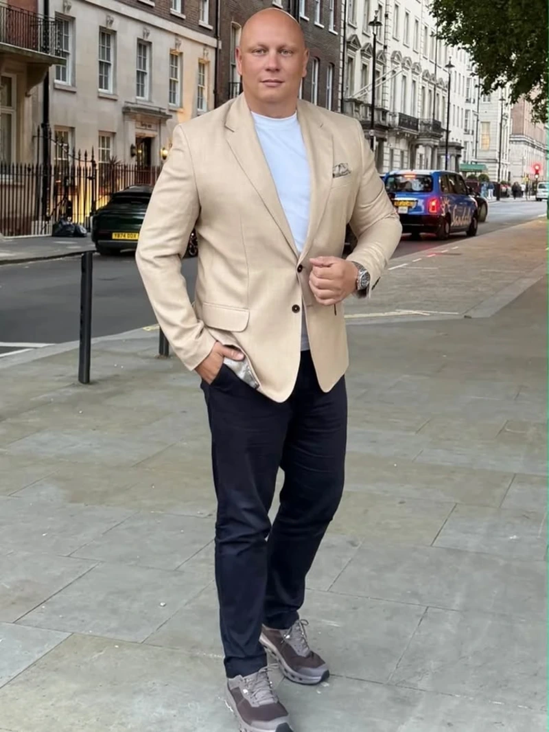 Beige Blazer With Navy Trousers