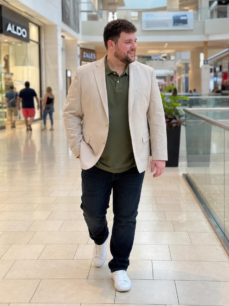 Beige Blazer With Olive Polo, Dark Jeans, and White Sneakers