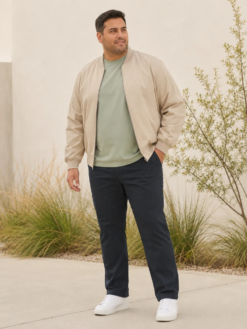 Beige Bomber Jacket, Green T-Shirt, and Navy Pants
