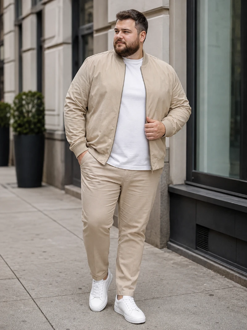 Beige Bomber Jacket and Chinos Outfit