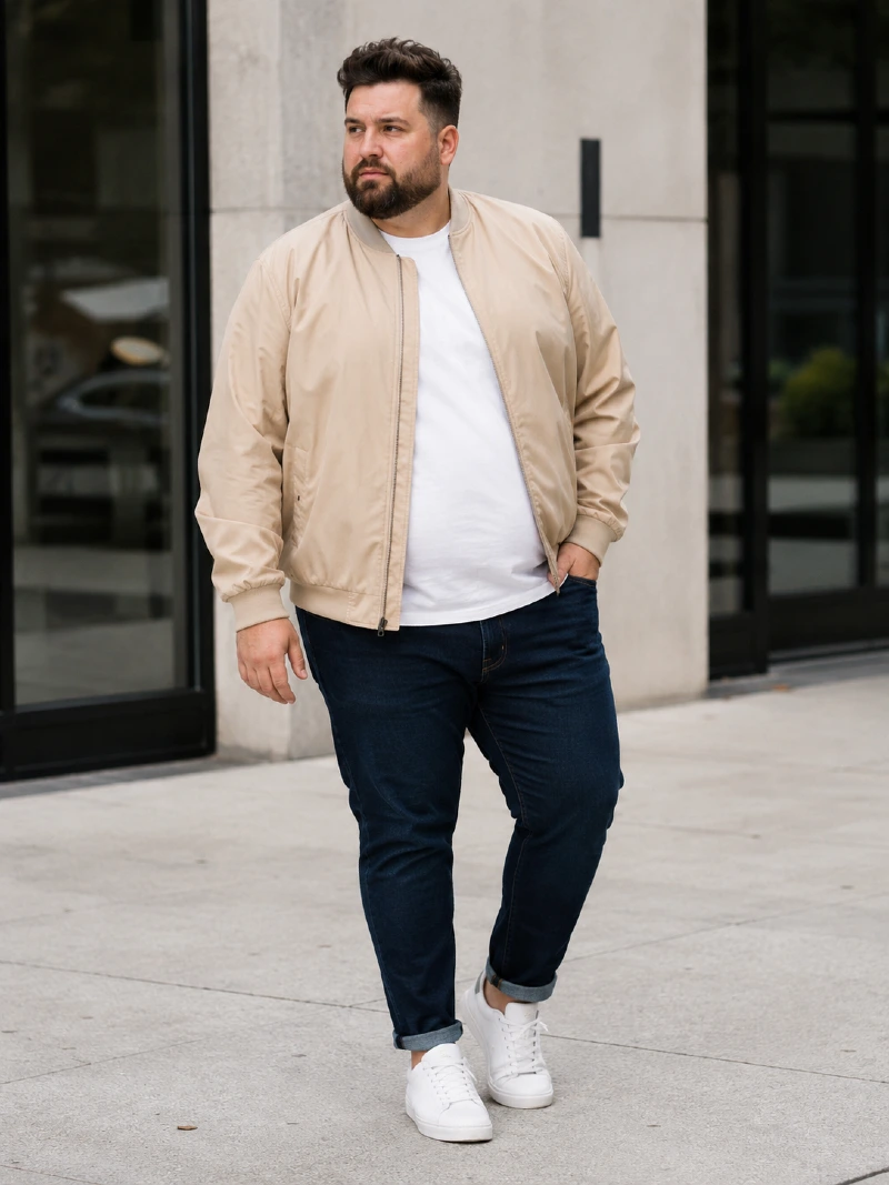 Beige Bomber Jacket and Dark Jeans Outfit