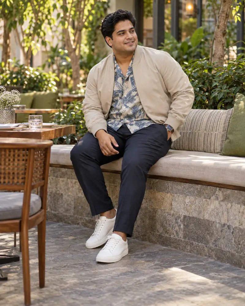 Beige Bomber Jacket and Patterned Camp Shirt