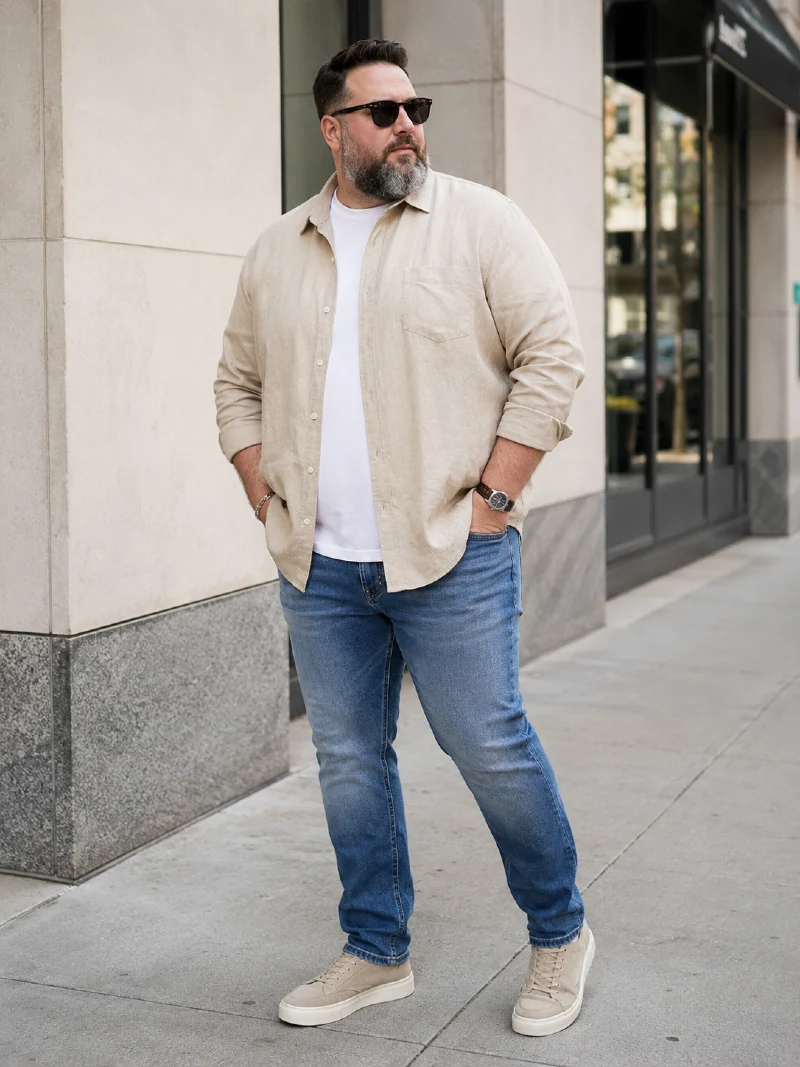 Beige Button-Down Shirt and Blue Jeans Outfit