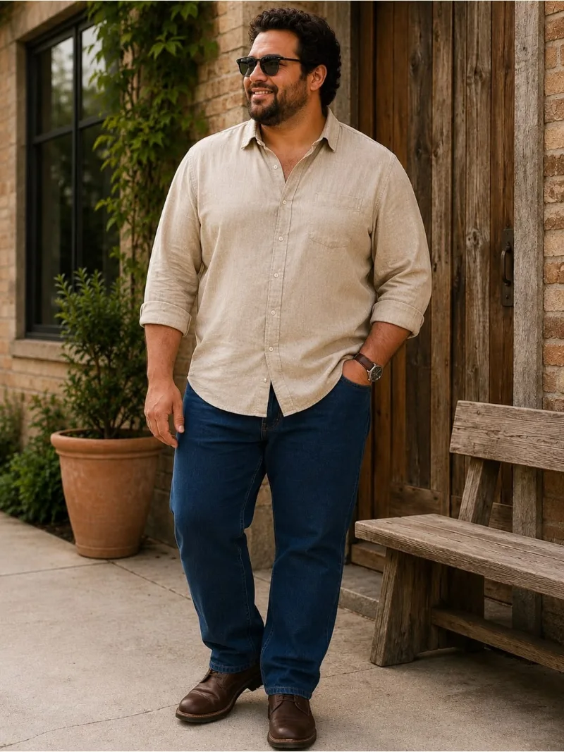 Beige Button-Down Shirt and Dark Blue Jeans Outfit