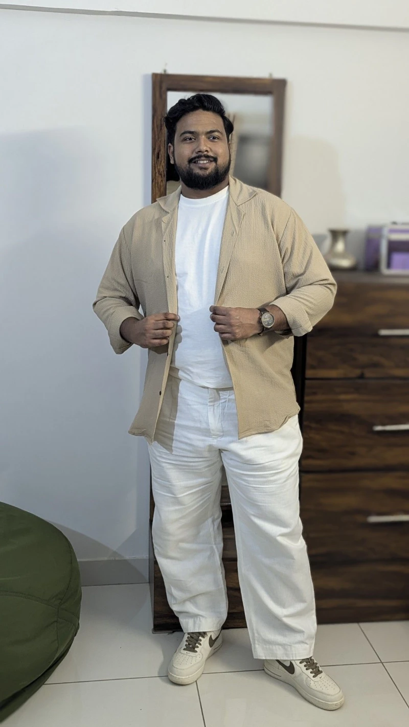 Beige Button-Down Shirt and White Pants