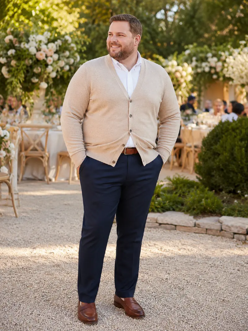 Beige Cardigan and Navy Trousers