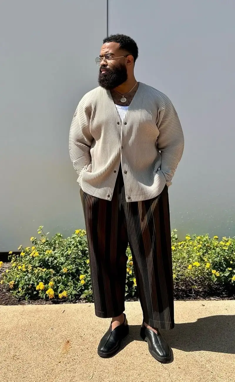 Beige Cardigan and Striped Trousers