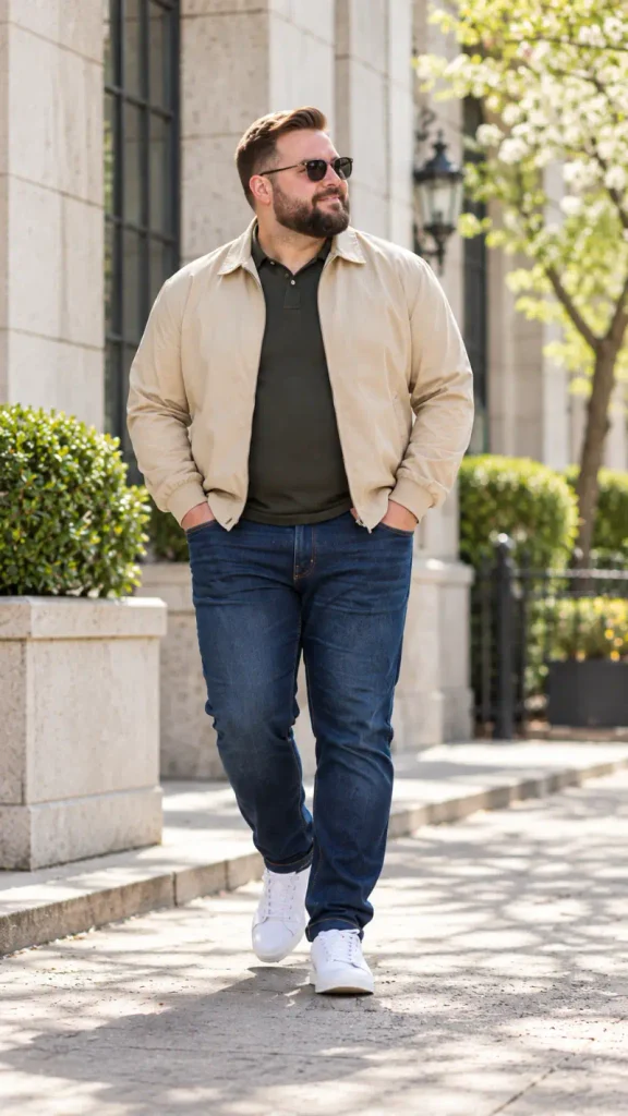Beige Harrington Jacket Over Dark Olive