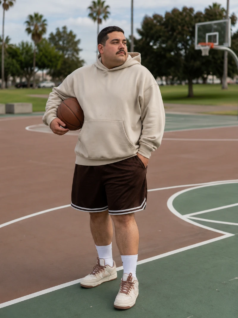 Beige Hoodie and Brown Shorts