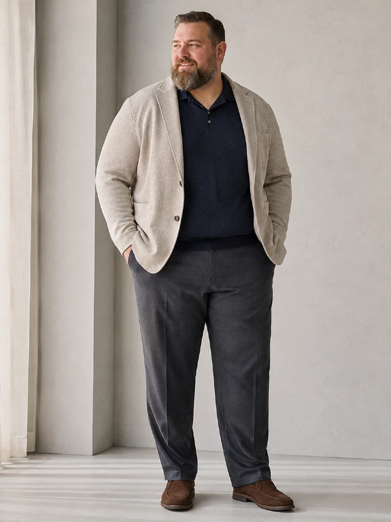 Beige Knit Blazer, Navy Polo Shirt, and Charcoal Dress Trousers