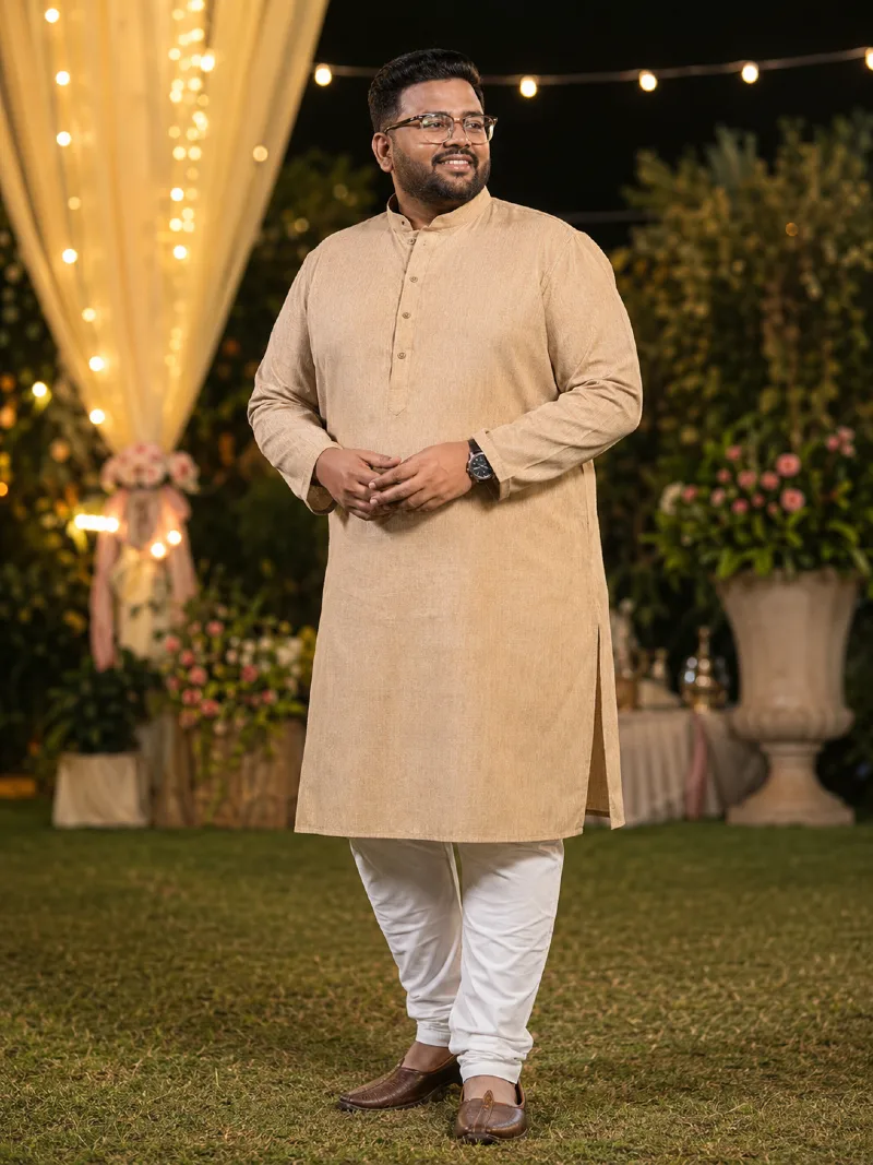 Beige Matte-Finish Kurta with White Churidar