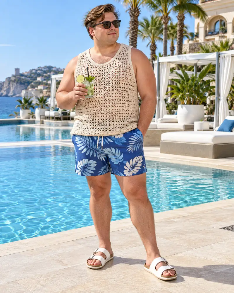 Beige Open Knit Tank With Blue Botanical Trunks