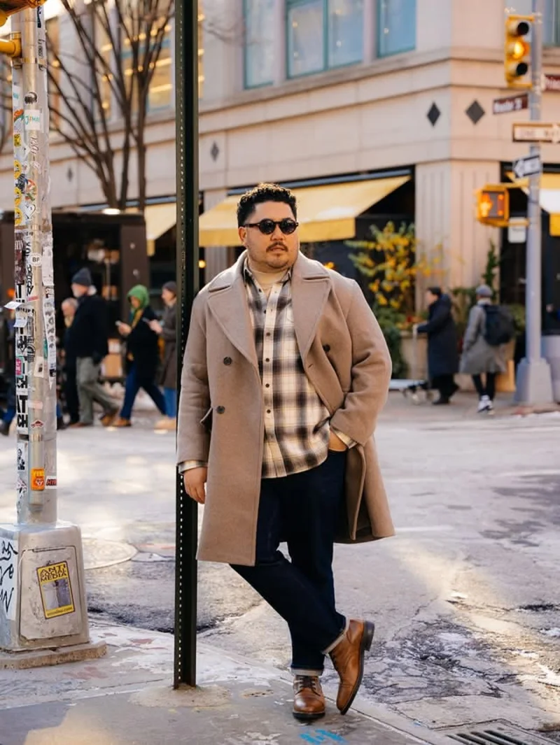 Beige Overcoat with Plaid Button-Down Shirt and Dark Jeans