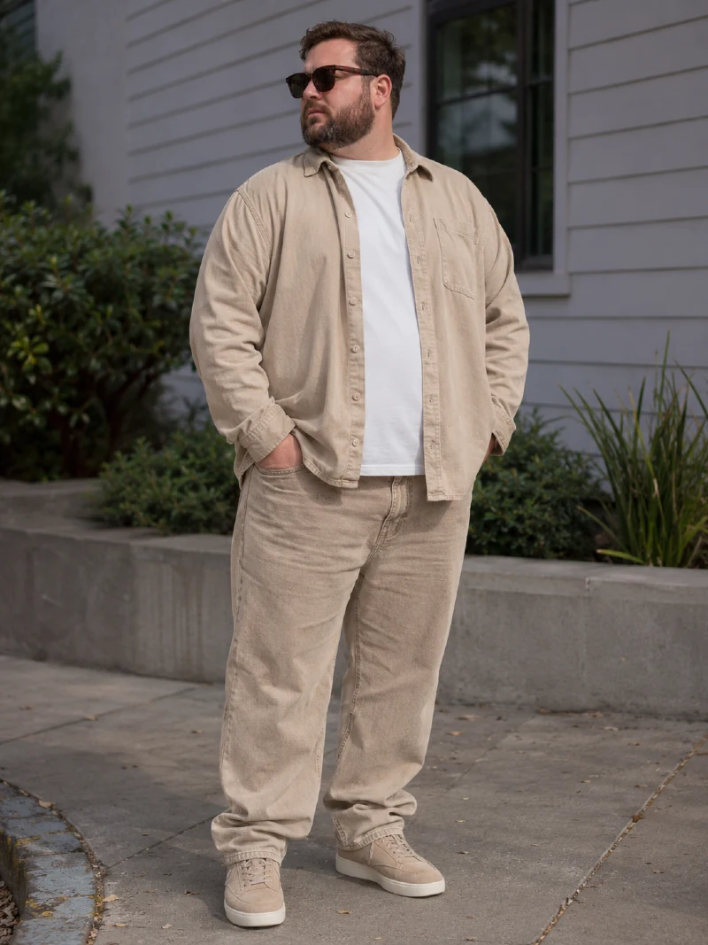 Beige Overshirt and Corduroy Pants Outfit