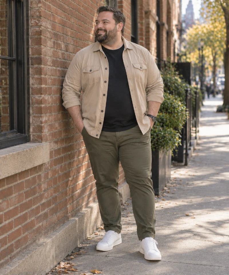 Beige Overshirt with Black T-Shirt, Olive Pants, and White Sneakers