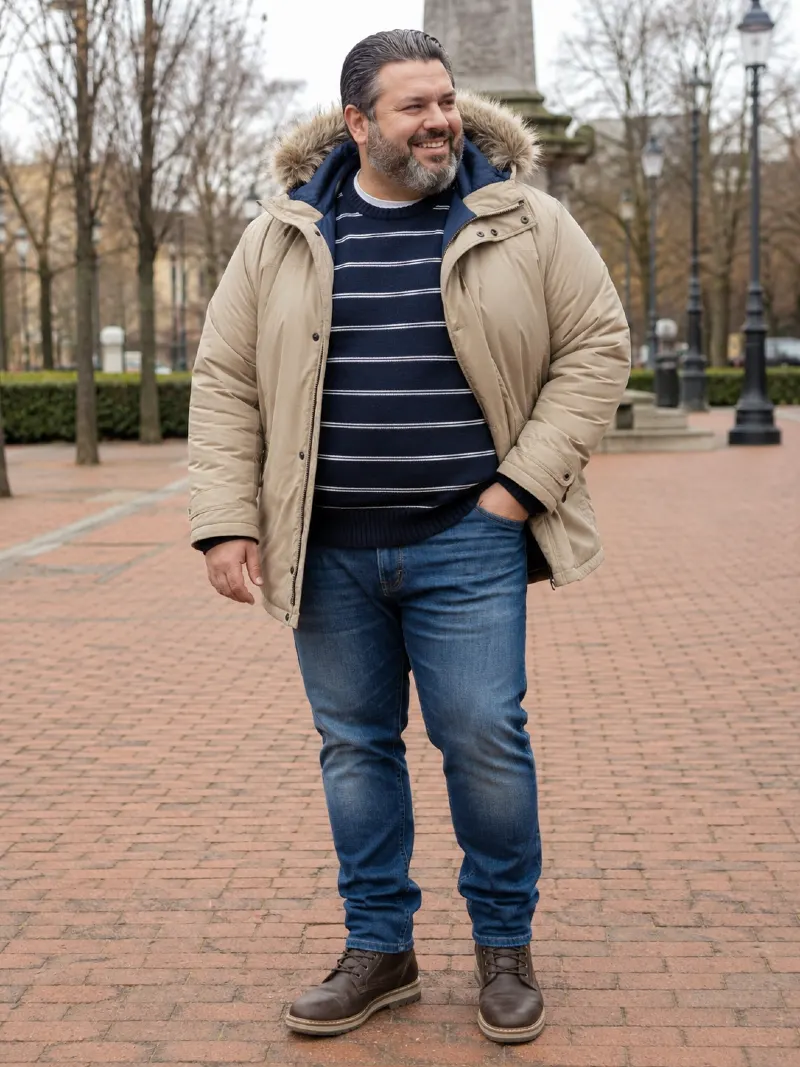 Beige Parka Jacket with Striped Sweater and Blue Jeans