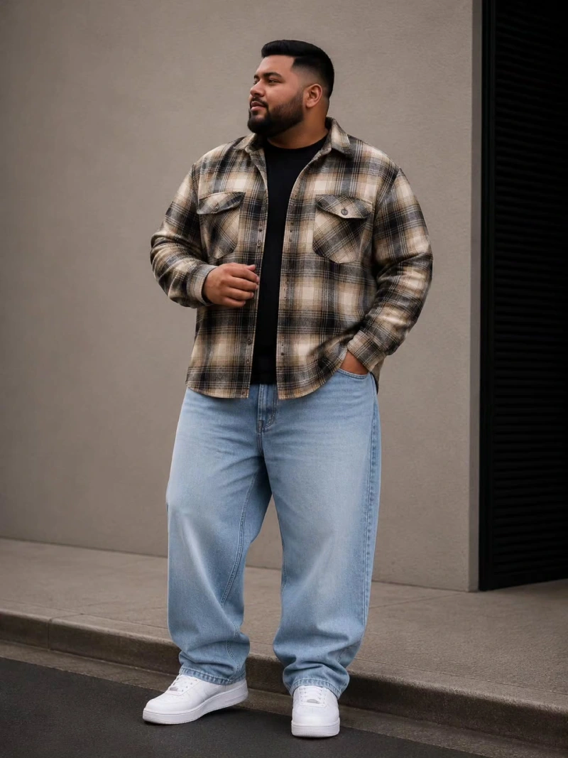 Beige Plaid Overshirt, Black T-Shirt, Light-Wash Jeans