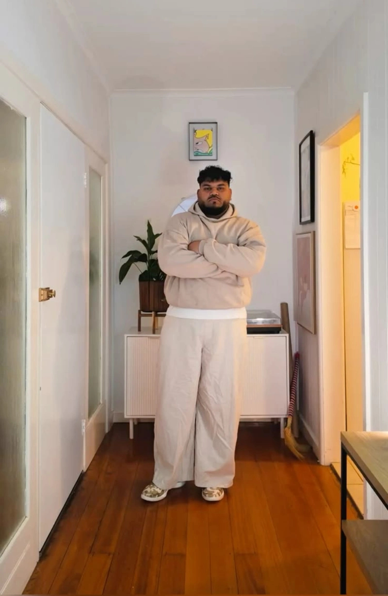 Beige Pullover Hoodie and Cream Wide-Leg Pants