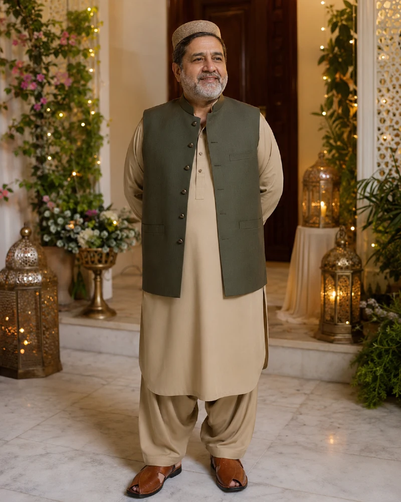 Beige Shalwar Kameez with Olive Green Waistcoat