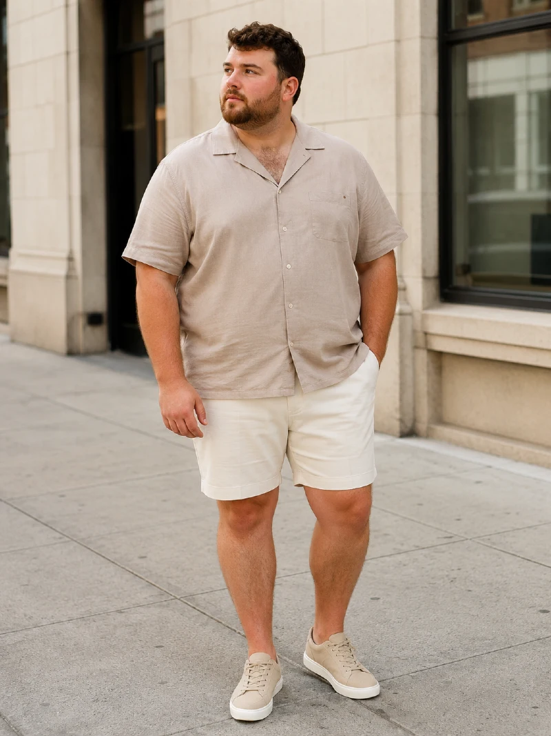 Beige Short Sleeve Shirt and White Shorts Outfit