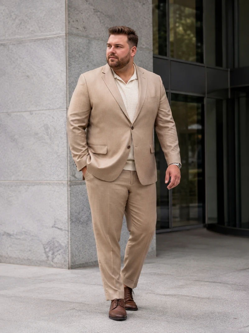 Beige Suit and Knit Polo Outfit