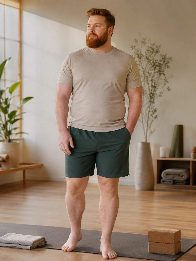 Beige T-Shirt and Dark Green Shorts
