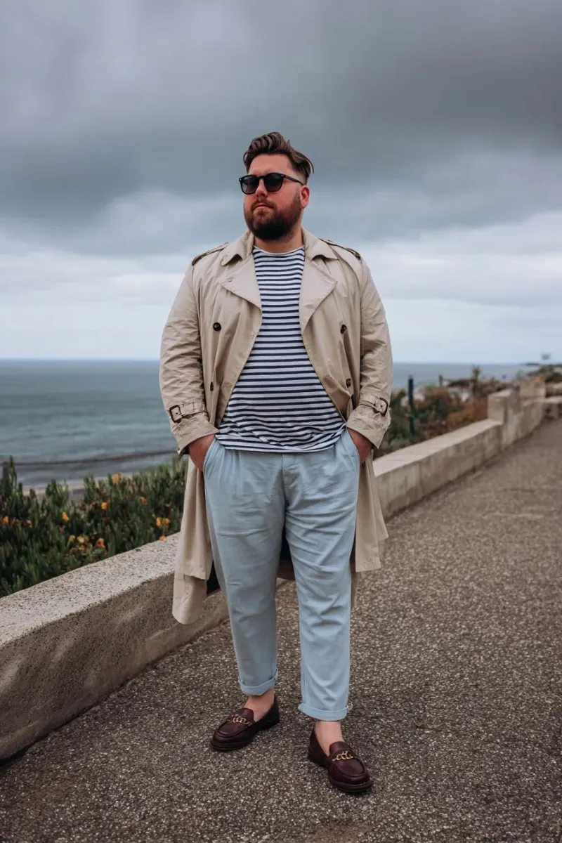 Beige Trench Coat and Striped Shirt