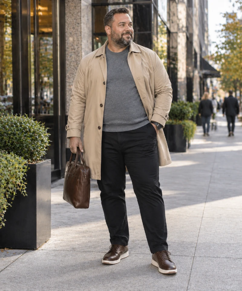 Beige Trench Coat with Gray Sweater, Black Pants