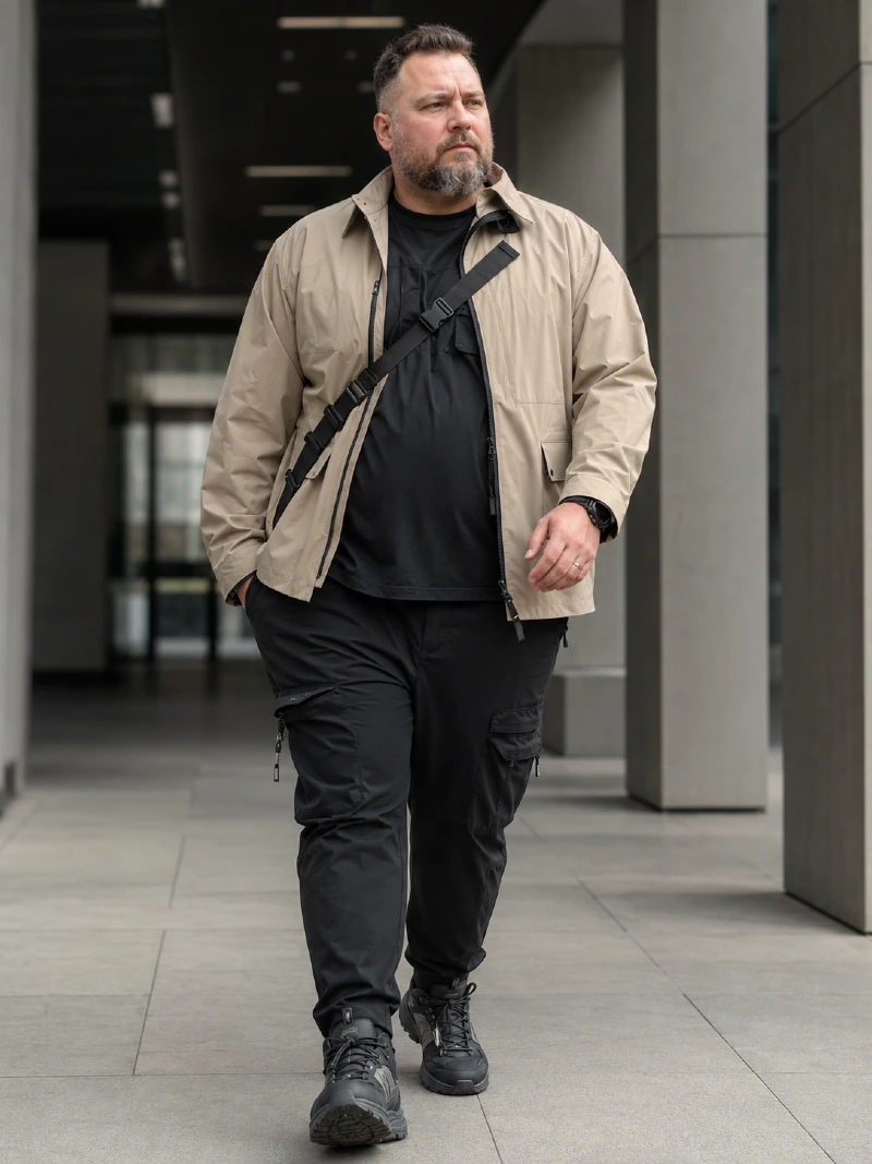 Beige Zip Jacket and Black T-Shirt with Cargo Pants