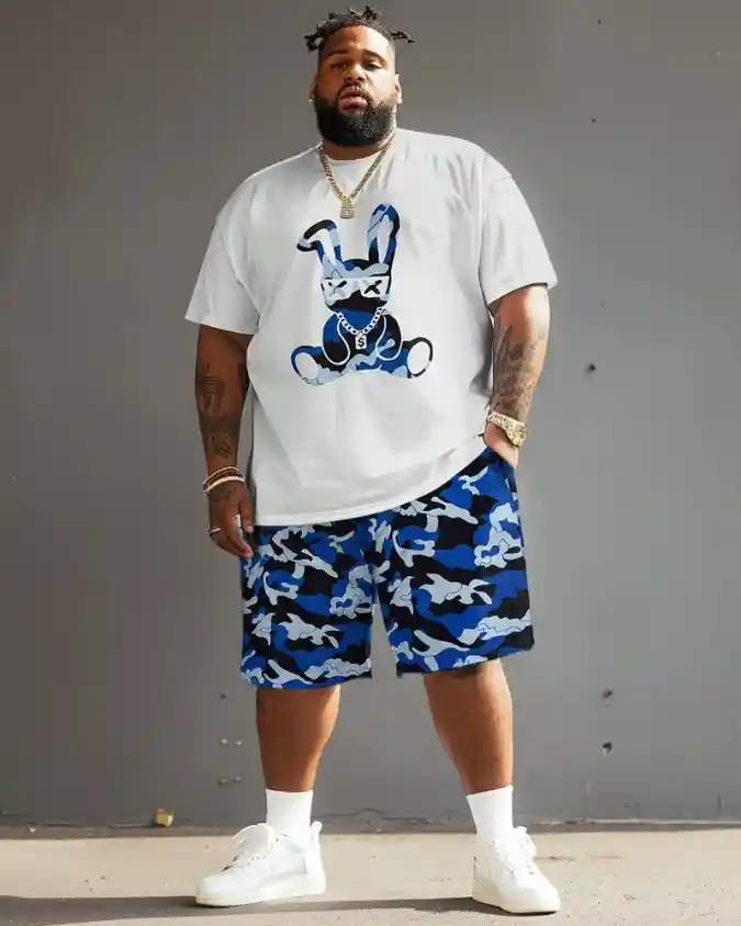 Biggmans Men's Plus Size Bunny Graphic Tee and Camo Shorts Set