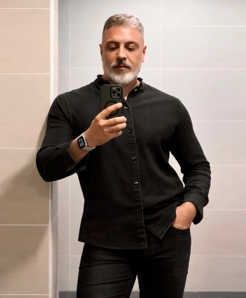 Black Band-Collar Long-Sleeve Shirt