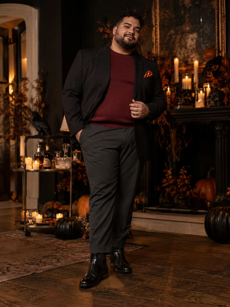 Black Blazer With Burgundy Sweater and Tailored Trousers