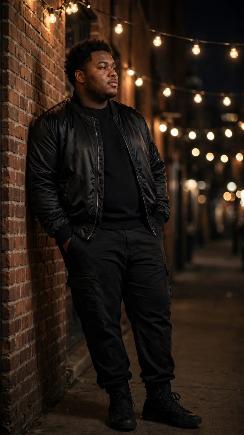 Black Bomber Jacket, Crewneck Sweatshirt, Cargo Pants, and High-Top Sneakers