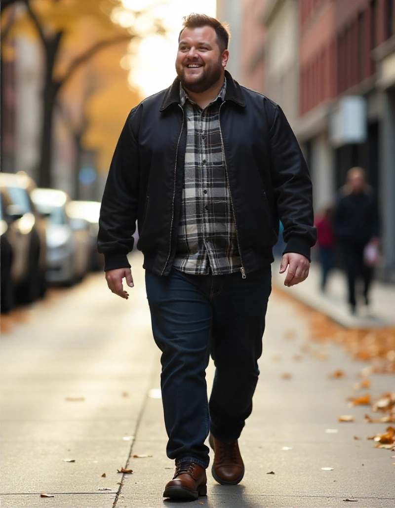 Black Bomber Jacket, Plaid Shirt, Dark Jeans, and Brown Boots