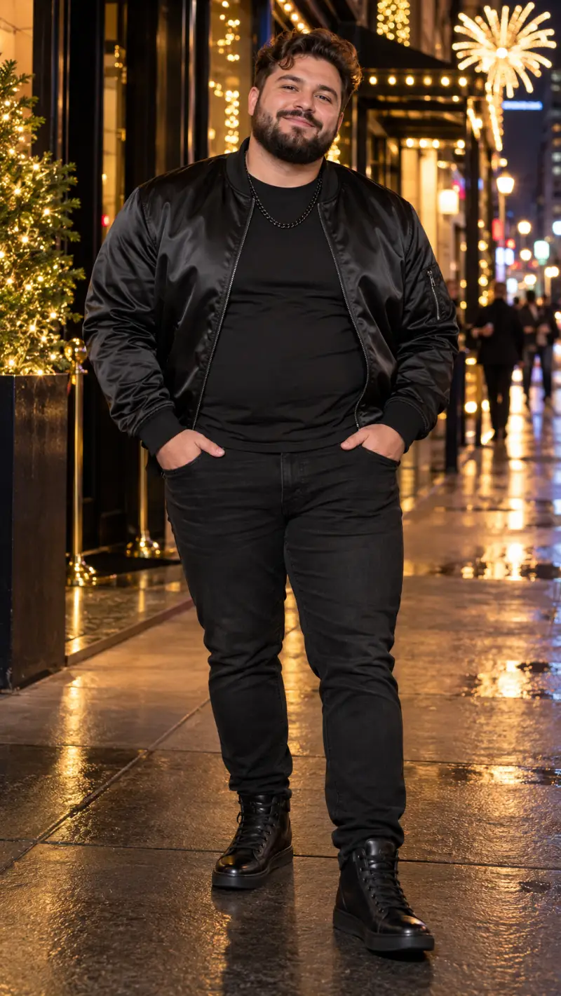 Black Bomber Jacket, T-Shirt, Chain Necklace, Jeans, and High-Top Sneakers