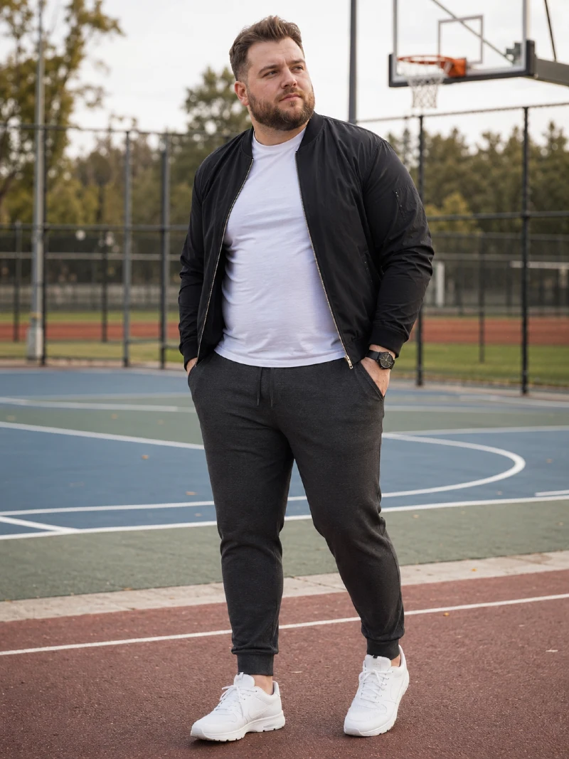 Black Bomber Jacket and Dark Grey Joggers Outfit