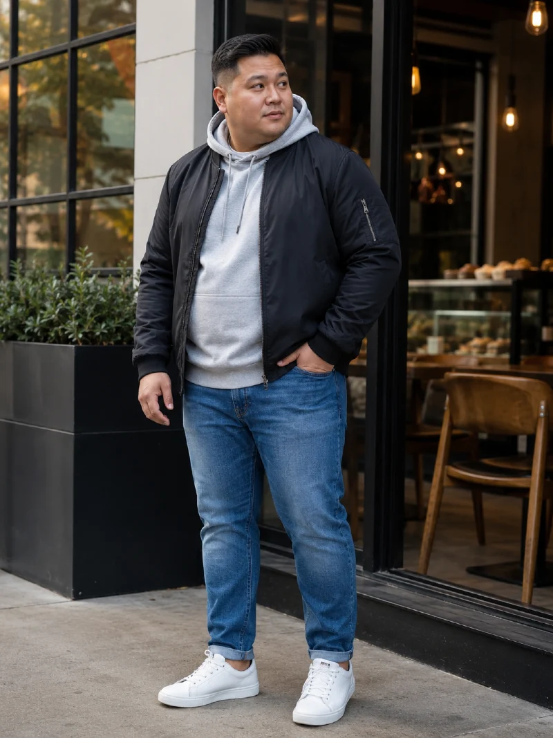 Black Bomber Jacket and Grey Hoodie