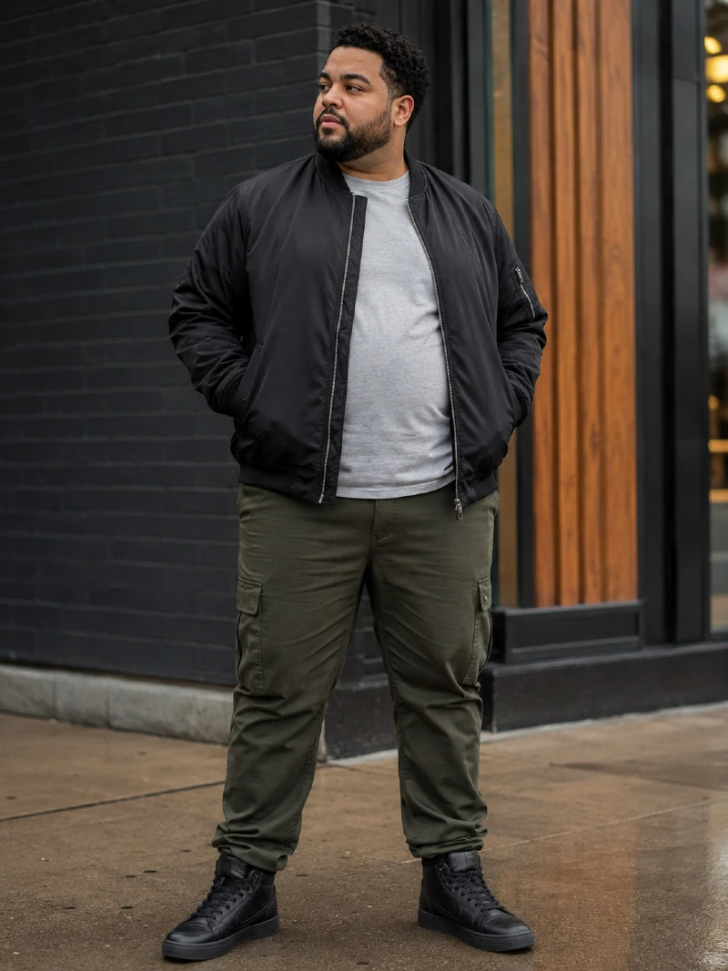 Black Bomber Jacket and Olive Green Cargo Pants