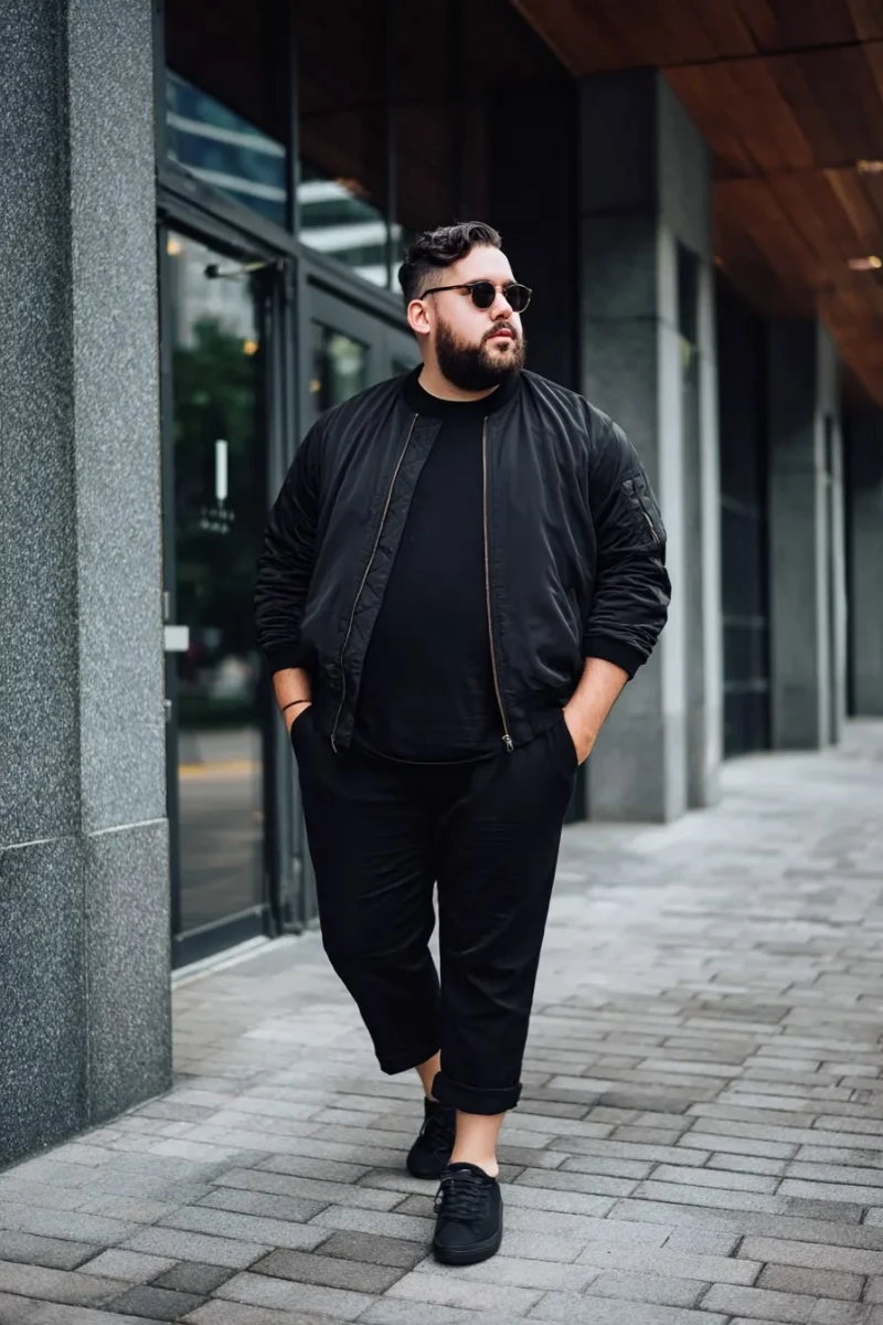 Black Bomber Jacket and T-Shirt with Cropped Trousers