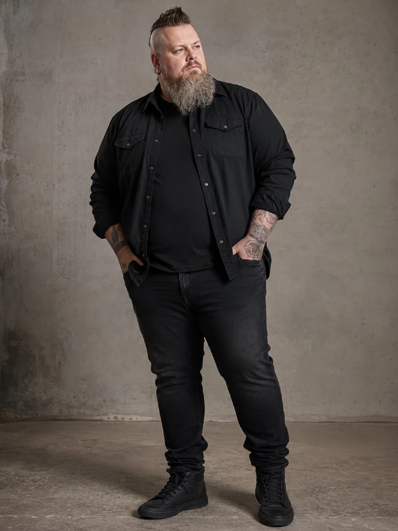 Black Button-Down Overshirt, Black T-Shirt, and Black Jeans
