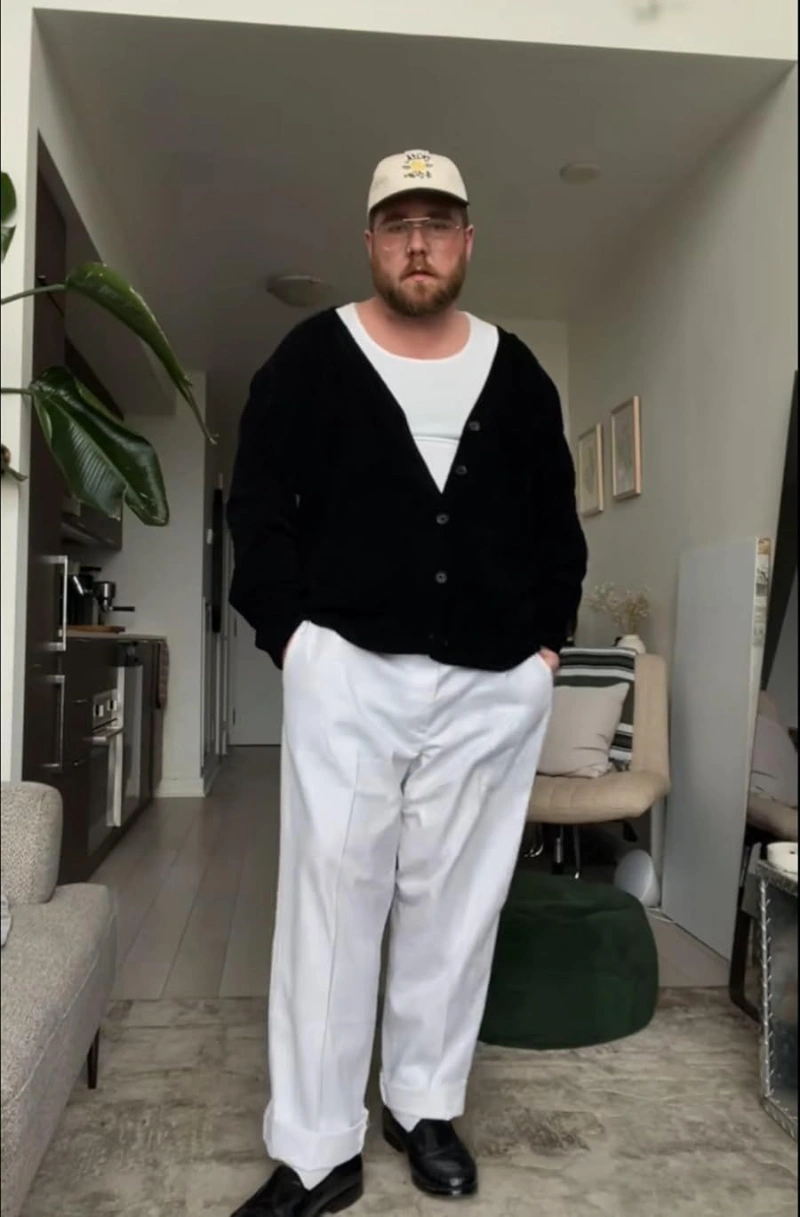 Black Button-Up Cardigan and White Trousers