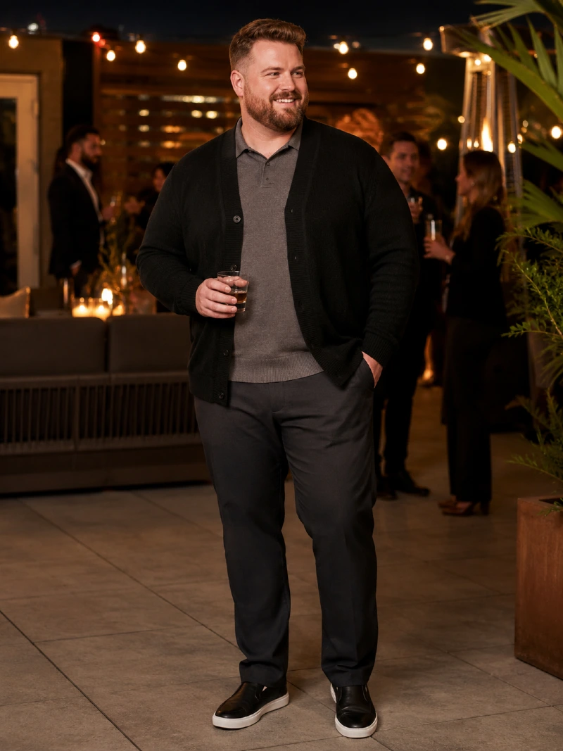 Black Cardigan, Grey Polo, and Dark Pants