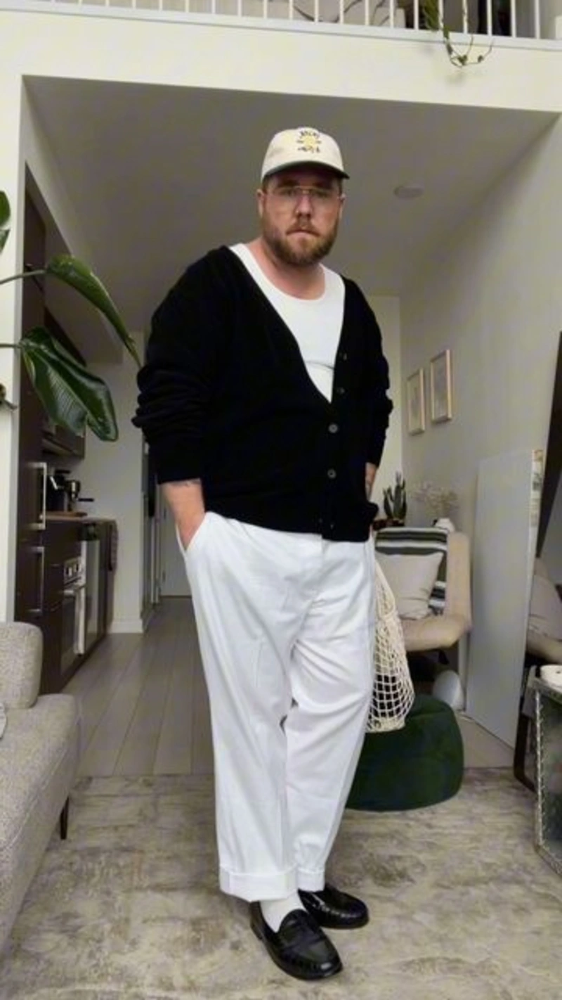 Black Cardigan and White Pants