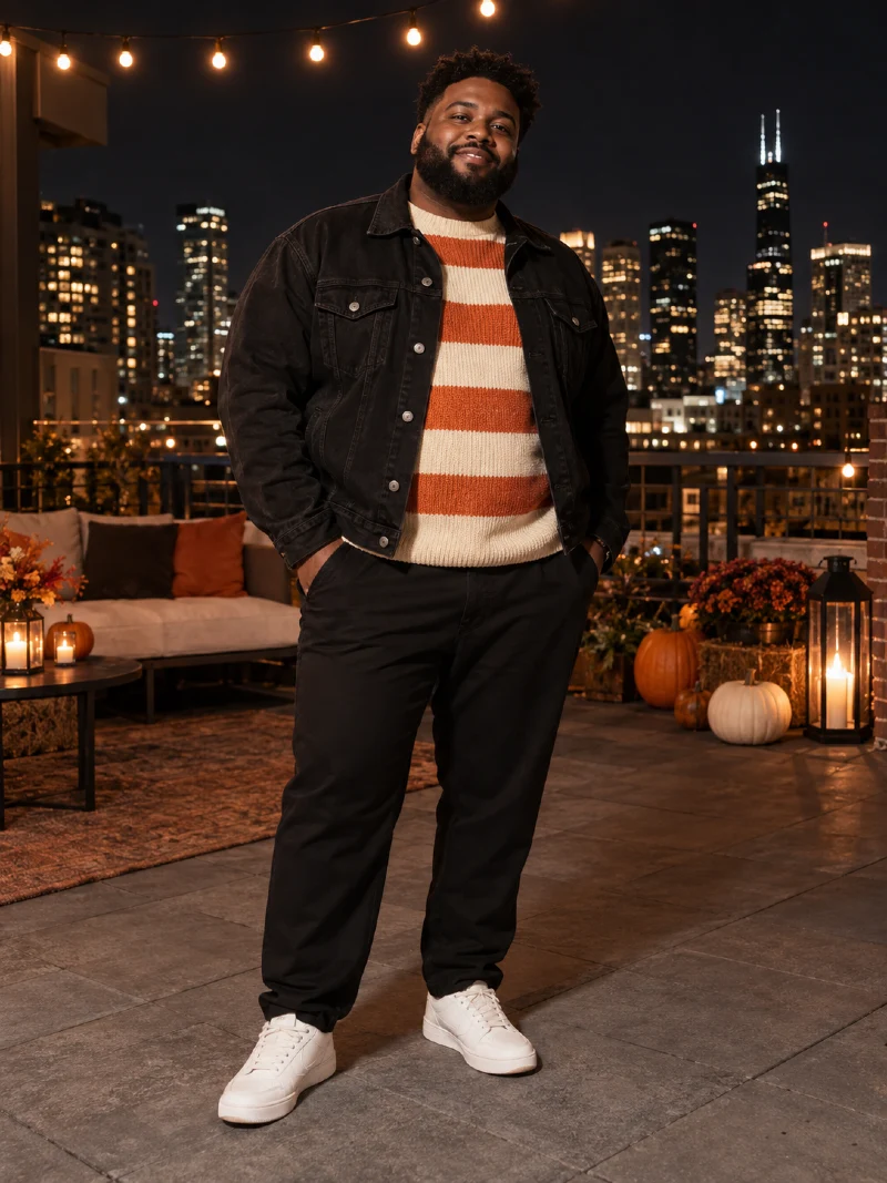 Black Denim Jacket With Orange Striped Sweater